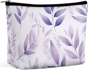 Purple Personalized Makeup Bag, Mauve Leaf Flower PU Cosmetic Bag Travel Makeup Bag,Zipper Makeup Pouch for Women-Toiletry Bags for Traveling Women