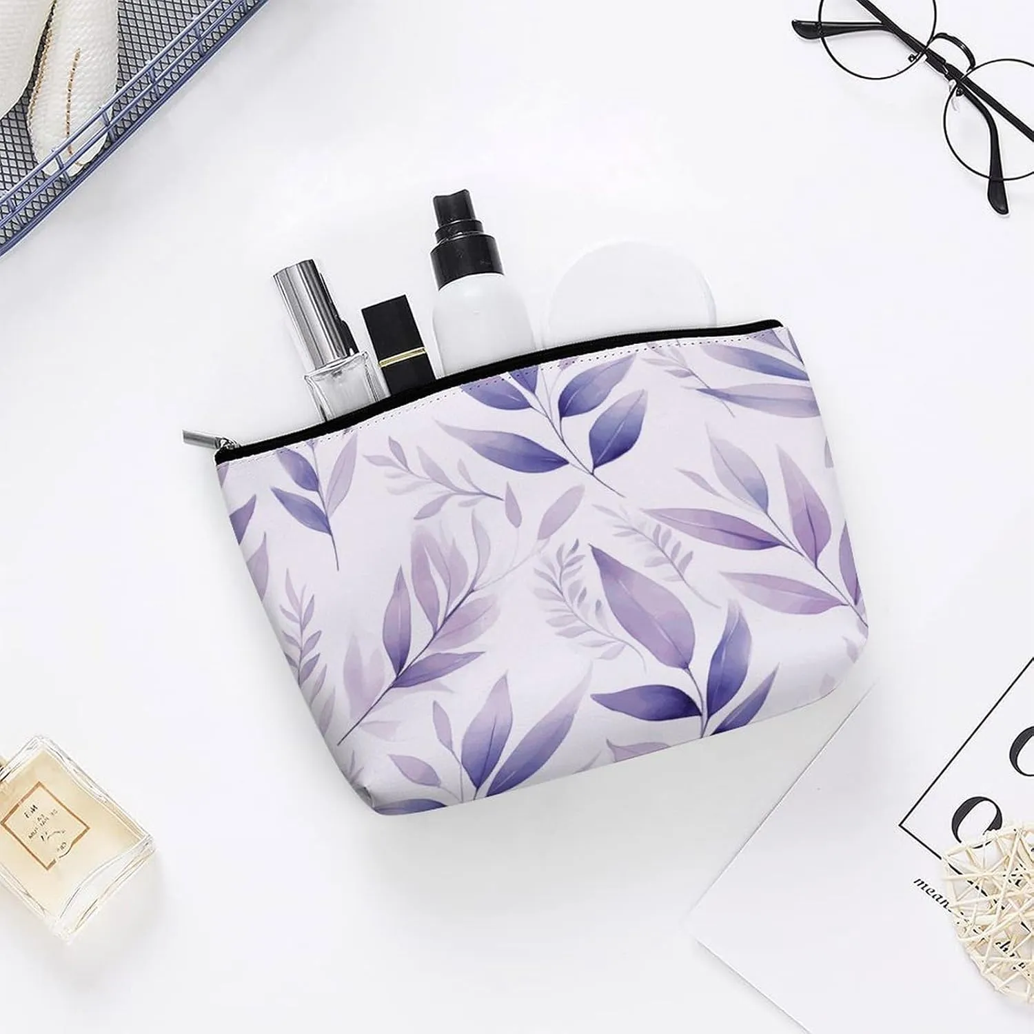 Purple Personalized Makeup Bag, Mauve Leaf Flower PU Cosmetic Bag Travel Makeup Bag,Zipper Makeup Pouch for Women-Toiletry Bags for Traveling Women