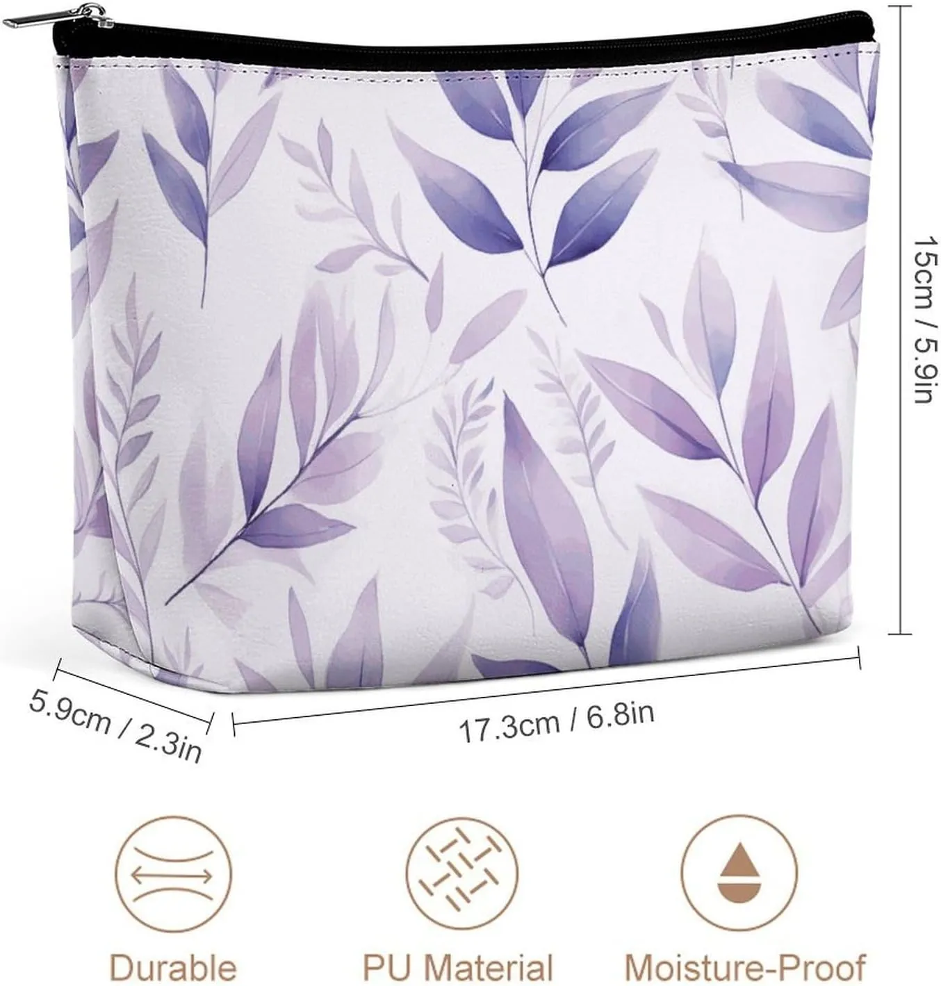 Purple Personalized Makeup Bag, Mauve Leaf Flower PU Cosmetic Bag Travel Makeup Bag,Zipper Makeup Pouch for Women-Toiletry Bags for Traveling Women