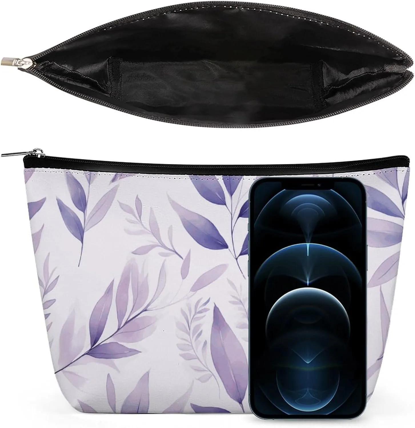 Purple Personalized Makeup Bag, Mauve Leaf Flower PU Cosmetic Bag Travel Makeup Bag,Zipper Makeup Pouch for Women-Toiletry Bags for Traveling Women