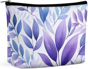 Purple Travel Makeup Bag with Zipper, Purple Leaf Seamless Pattern Leather Makeup pouch Toiletry Bag,Portable Cosmetic Bag,Waterproof Toiletry Bag for Women