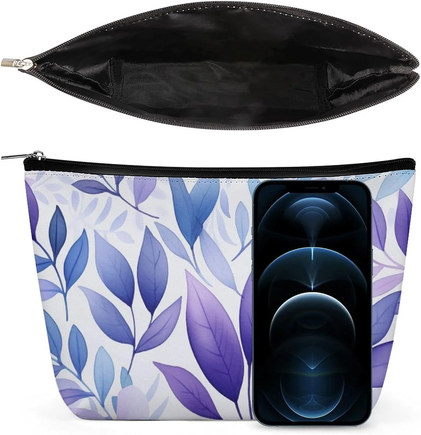 Purple Travel Makeup Bag with Zipper, Purple Leaf Seamless Pattern Leather Makeup pouch Toiletry Bag,Portable Cosmetic Bag,Waterproof Toiletry Bag for Women