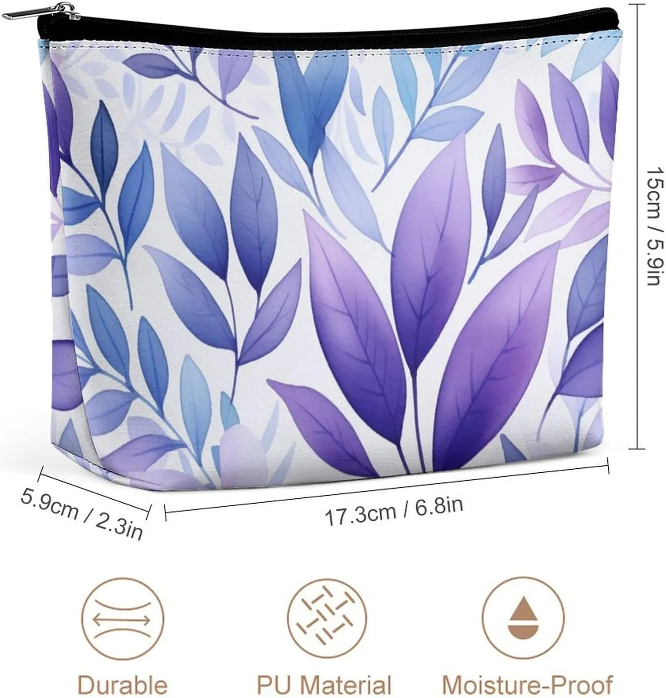 Purple Travel Makeup Bag with Zipper, Purple Leaf Seamless Pattern Leather Makeup pouch Toiletry Bag,Portable Cosmetic Bag,Waterproof Toiletry Bag for Women
