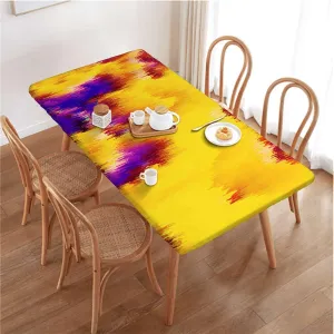 Purple Yellow Tablecloth Elastic Edge Fitted Boho Art Print Wooden Boards Oil Proof Waterproof Tablecloth for Picnic Party Dyeing Effect Fits up 4 Foot Tables