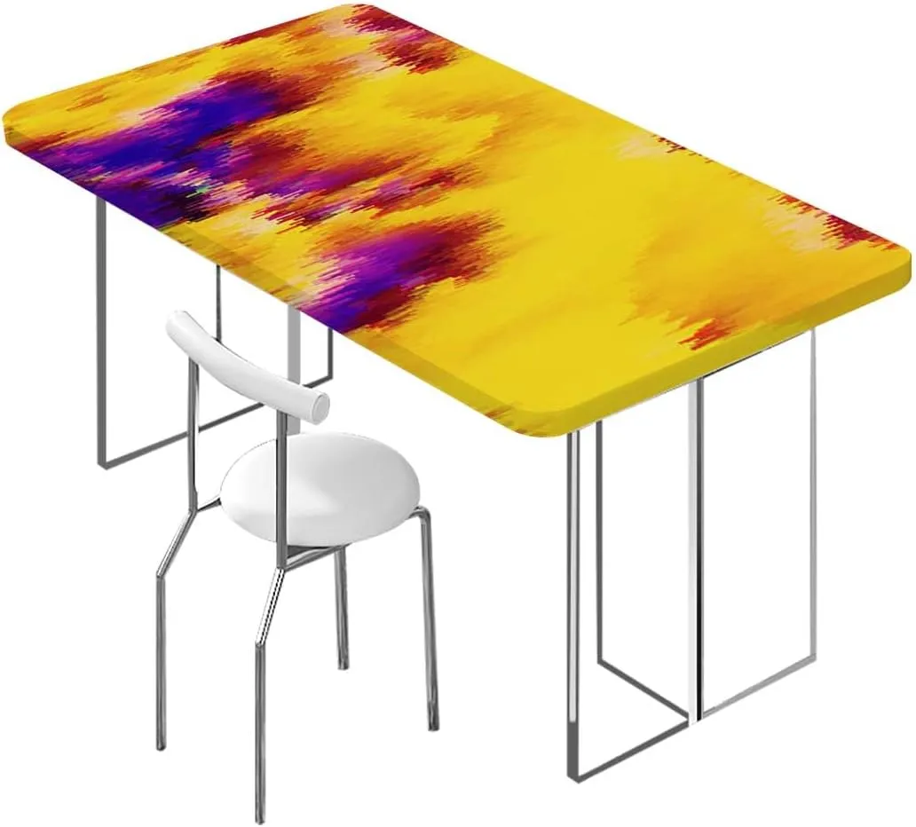 Purple Yellow Tablecloth Elastic Edge Fitted Boho Art Print Wooden Boards Oil Proof Waterproof Tablecloth for Picnic Party Dyeing Effect Fits up 4 Foot Tables