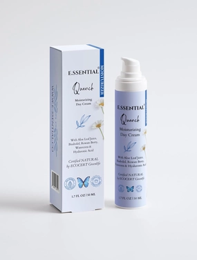 Quench Moisturizing Day Cream 1.7 oz, aloe leaf juice, multi-molecular weight hyaluronic acid, Bisabolol, rowanberry, jojoba, watercress and berry extracts – silky texture, fast absorbing, hydrating
