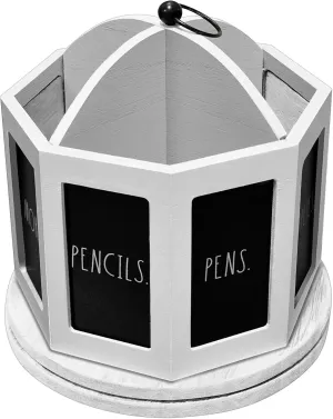 Rae Dunn Desk Spinner - Wooden Pen, Pencil Holder Desktop Organizer - Small Rustic Wood Desk Top Caddy for Office Accessories and Supplies - Organization for Home, School, Classroom, Work - White Wash