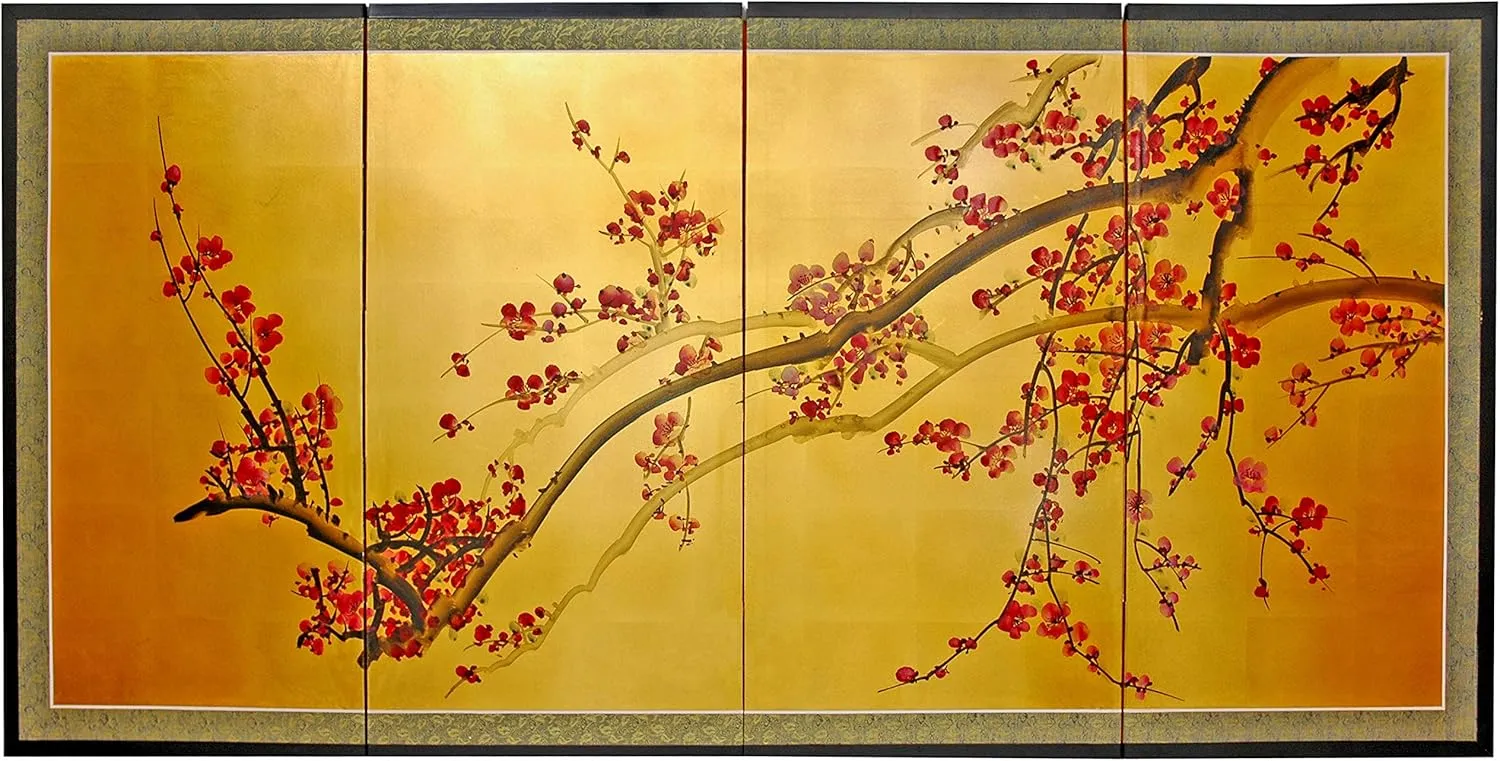 Red Lantern 36" x 72" Plum Tree on Gold Leaf Silk Screen