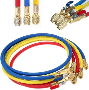 Refrigerant Charging Hose with Ball Valve Apply to R134A R12 R22 R502 R404 Refrigerant Air Conditioning Manifold Gauge 1/4" Thread Hose Set 60" Red/Yellow/Blue (Pack of 3)