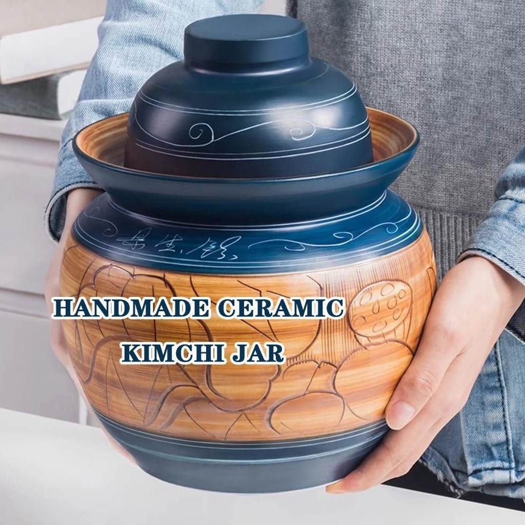Retro Kimchi Jar With Embossed Lotus Pattern, Water-sealed Fermentation Tank, Handmade Ceramic Pickling Crock, With Double Lid(3kg/105.8oz)