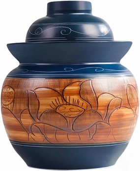 Retro Kimchi Jar With Embossed Lotus Pattern, Water-sealed Fermentation Tank, Handmade Ceramic Pickling Crock, With Double Lid(3kg/105.8oz)