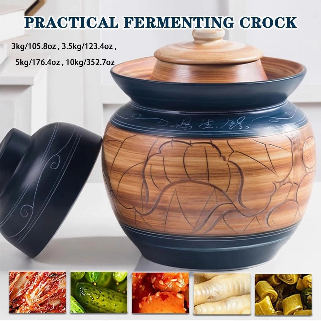 Retro Kimchi Jar With Embossed Lotus Pattern, Water-sealed Fermentation Tank, Handmade Ceramic Pickling Crock, With Double Lid(3kg/105.8oz)