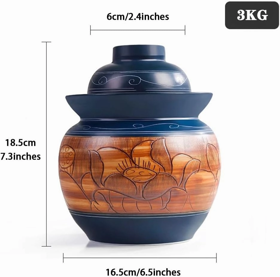 Retro Kimchi Jar With Embossed Lotus Pattern, Water-sealed Fermentation Tank, Handmade Ceramic Pickling Crock, With Double Lid(3kg/105.8oz)
