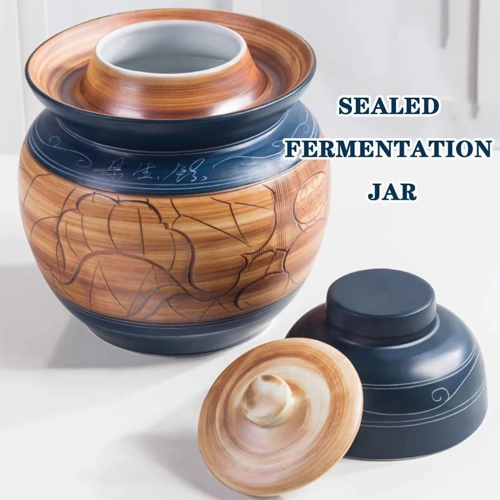 Retro Kimchi Jar With Embossed Lotus Pattern, Water-sealed Fermentation Tank, Handmade Ceramic Pickling Crock, With Double Lid(3kg/105.8oz)