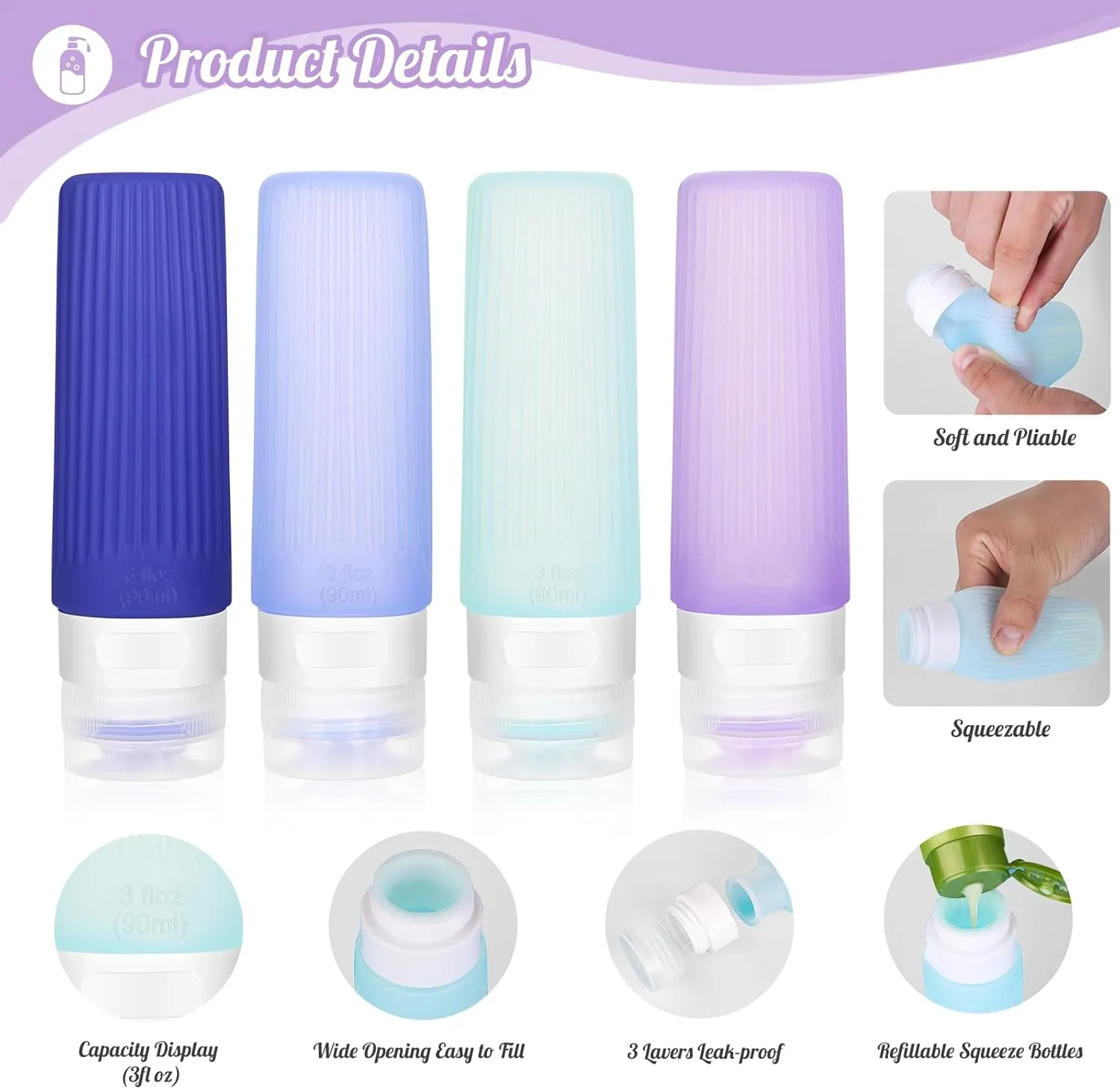 Risou 12-in-1 Travel Bottle set,Leak-proof Silicone Squeezable Travel Accessories,Travel 3oz Size Containers for Toiletries.Refillable Liquid Travel Accessories for Shampoo&Lotion Soap. (Purple)