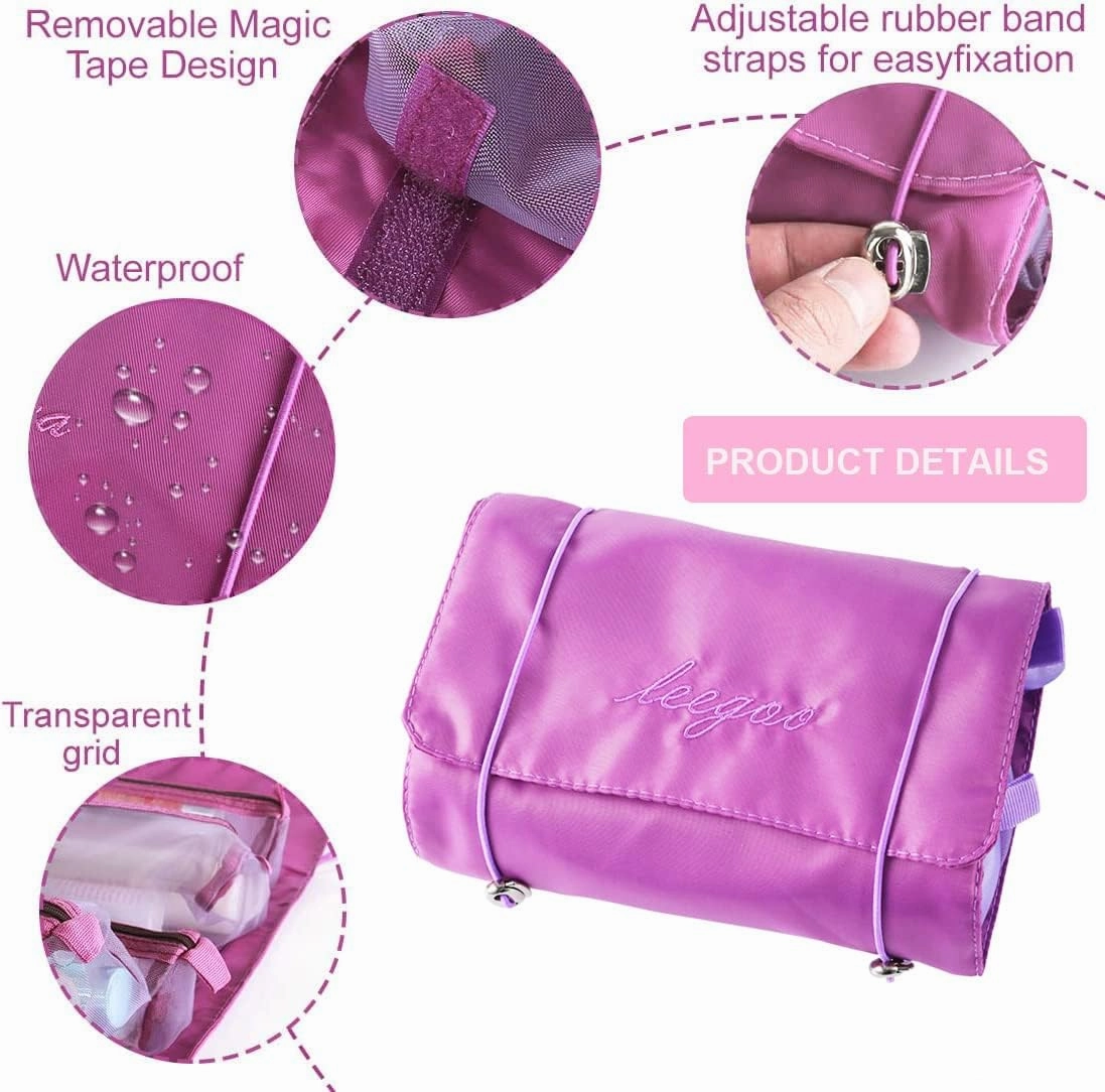 Roll Up Makeup Bag, Hanging Toiletry Bag, 4 in 1 Detachable Cosmetic Bag, 4 Removable Storage Bags, Travel Makeup Organizer Bags for Women Men(Purple)