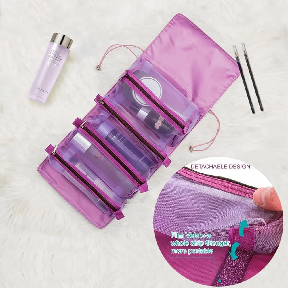 Roll Up Makeup Bag, Hanging Toiletry Bag, 4 in 1 Detachable Cosmetic Bag, 4 Removable Storage Bags, Travel Makeup Organizer Bags for Women Men(Purple)