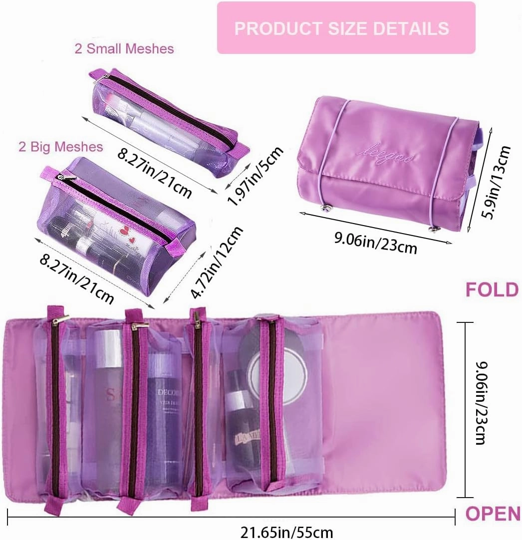 Roll Up Makeup Bag, Hanging Toiletry Bag, 4 in 1 Detachable Cosmetic Bag, 4 Removable Storage Bags, Travel Makeup Organizer Bags for Women Men(Purple)