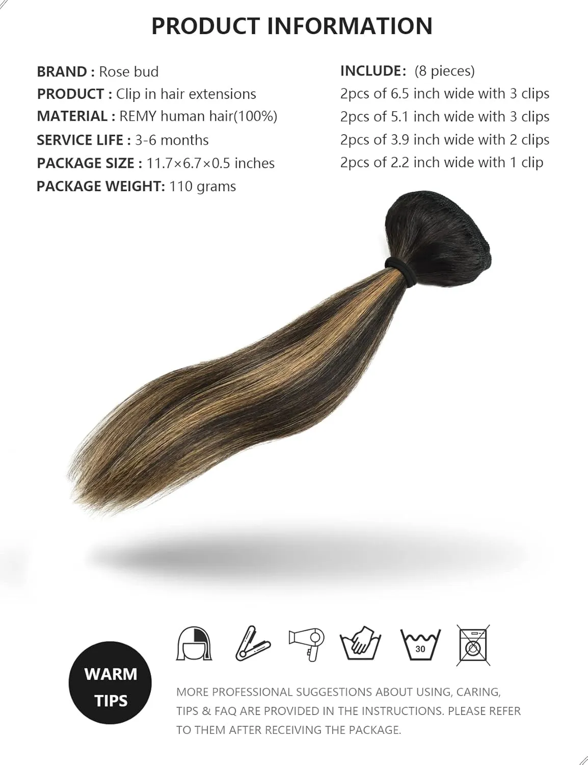 Rose bud Clip in Hair Extensions REMY Human Hair 8Pcs 18 Clips 60g/Set 10 Inch Natural Black to Light Brown