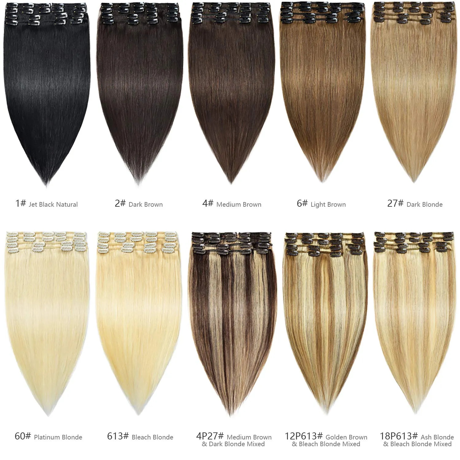 Rose bud Clip in Hair Extensions REMY Human Hair 8Pcs 18 Clips 60g/Set 10 Inch Natural Black to Light Brown