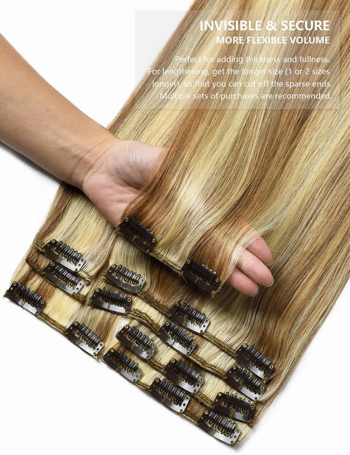 Rose bud Clip in Hair Extensions REMY Human Hair 8Pcs 18 Clips 60g/Set 12 Inch Golden Brown mix Bleach Blonde