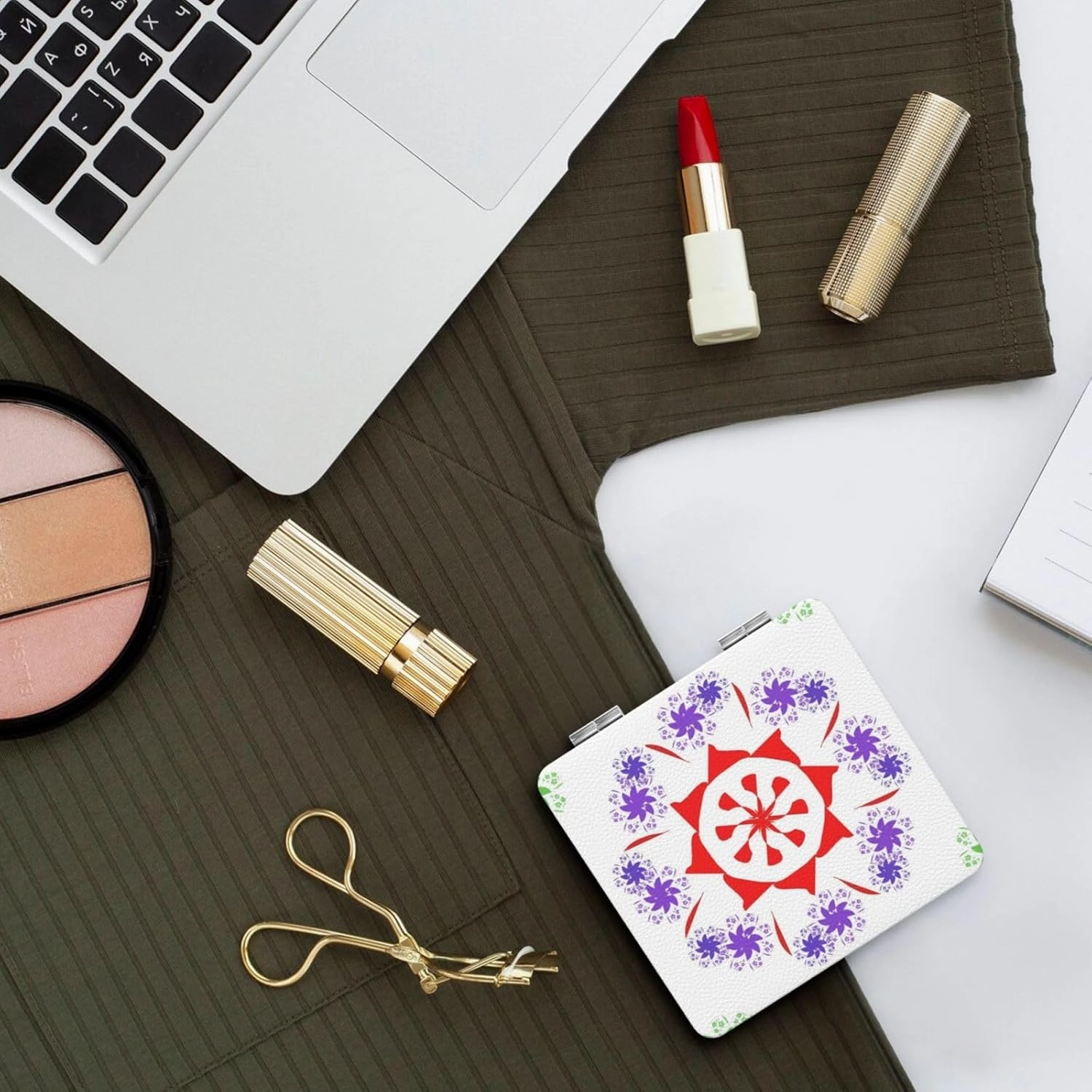 Rotating Purple Flowers Makeup Mirror Portable Folding Mini Mirror Double Sided Travel Makeup Mirror Square Handheld Pocket Mirror