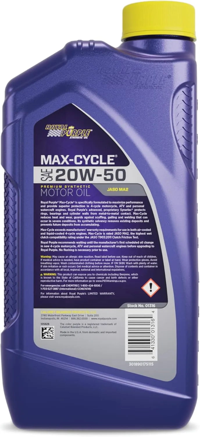 Royal Purple (06316-6PK Max-Cycle 20W-50 High Performance Synthetic Motorcycle Oil - 1 Quart, (Case of 6)