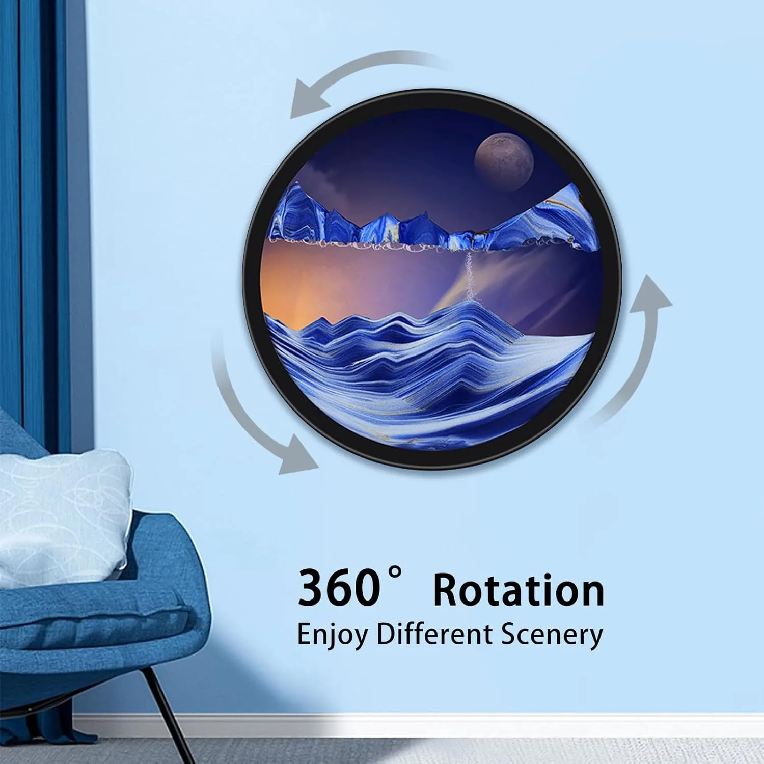 Sand Art Liquid Motion, Moving Sand Art, Wall Mounted Rotate Sculpture, Wall Art Deep Sea Sandscape Room Decoration, Glass Crafts Solid Wood Frame, Relaxing Mood Home Office Work Decor(Blue, 17.3'')