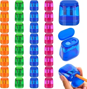 SATINIOR 36 Pcs Colored Pencil Sharpeners Manual Pencil Sharpener Dual Holes with Lid Bulk Plastic Compact Hand Held Pencil Sharpener for Kids Adult Student Class School Office Home Travel 4 Colors
