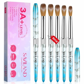 Saviland Kolinsky Acrylic Nail Brush Set: Size 4,8,10,12,16 Nail Brushes for Acrylic Powder Application DIY Nail Art Extension 3D Carving Manicure Tools Kit Home Salon Use