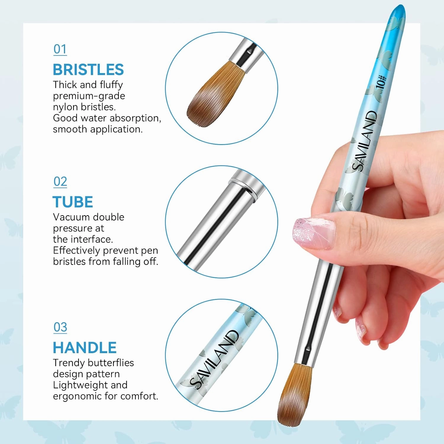Saviland Kolinsky Acrylic Nail Brush Set: Size 4,8,10,12,16 Nail Brushes for Acrylic Powder Application DIY Nail Art Extension 3D Carving Manicure Tools Kit Home Salon Use