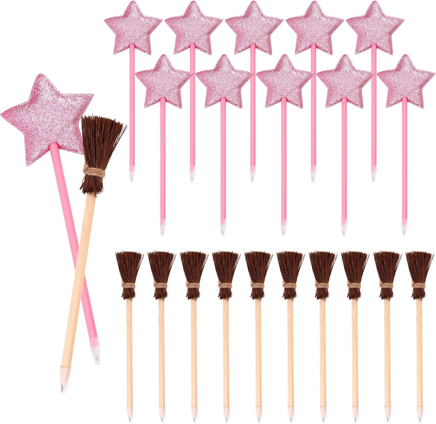 SAVITA Princess Party Favors Set, Including 10pcs Brown Broom Pencils & 10pcs Star Ballpoints for Halloween Birthday Party Supplies Classroom Rewards