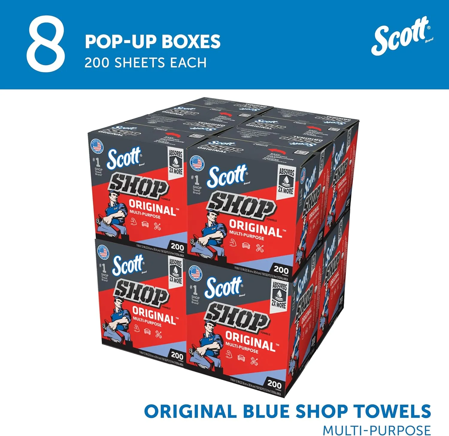 Scott® Shop Towels Original (75190), Blue, Pop-Up Dispenser Box (200 Towels/Box, 8 Boxes/Case, 1,600 Towels/Case)