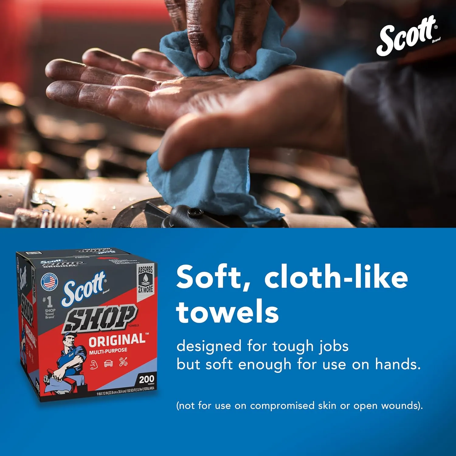 Scott® Shop Towels Original (75190), Blue, Pop-Up Dispenser Box (200 Towels/Box, 8 Boxes/Case, 1,600 Towels/Case)