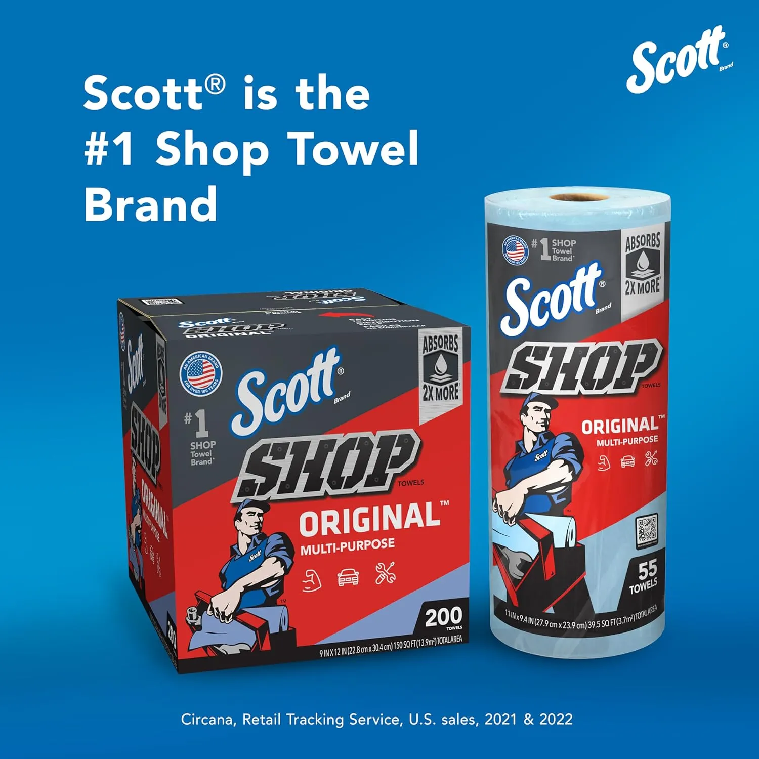 Scott® Shop Towels Original (75190), Blue, Pop-Up Dispenser Box (200 Towels/Box, 8 Boxes/Case, 1,600 Towels/Case)