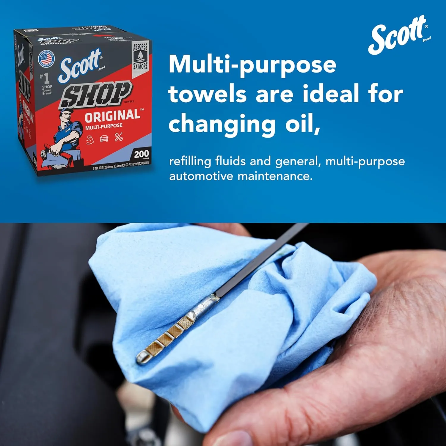 Scott® Shop Towels Original (75190), Blue, Pop-Up Dispenser Box (200 Towels/Box, 8 Boxes/Case, 1,600 Towels/Case)