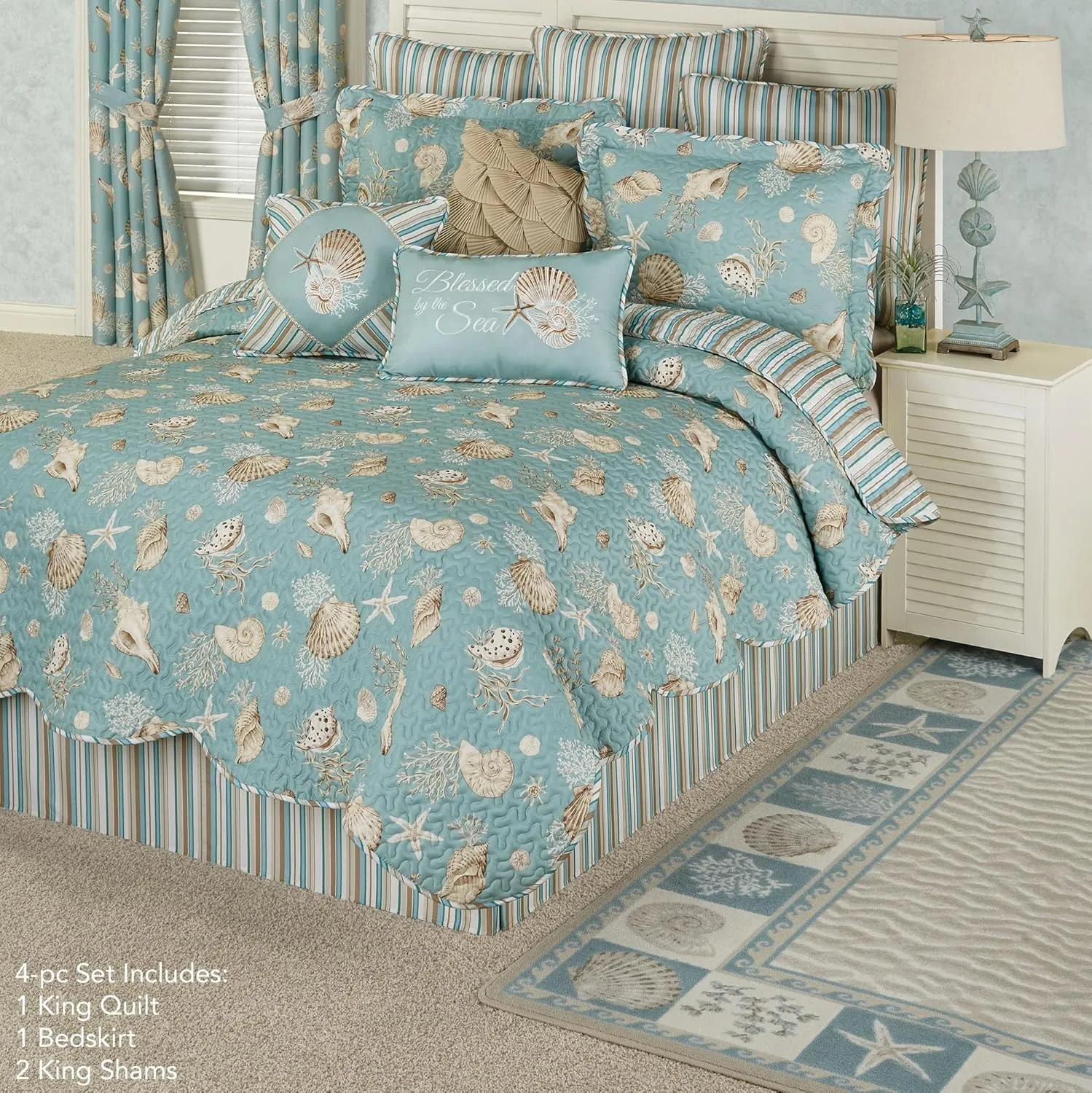 Seabreeze Coastal Beach Polyester Microfiber Bedding | All Season Quilted | Shell Starfish Coral Stripe | Aqua Teal Ivory Cream | Machine Washable | 4 Pc Set: King Quilt, 2 King Shams, Bedskirt