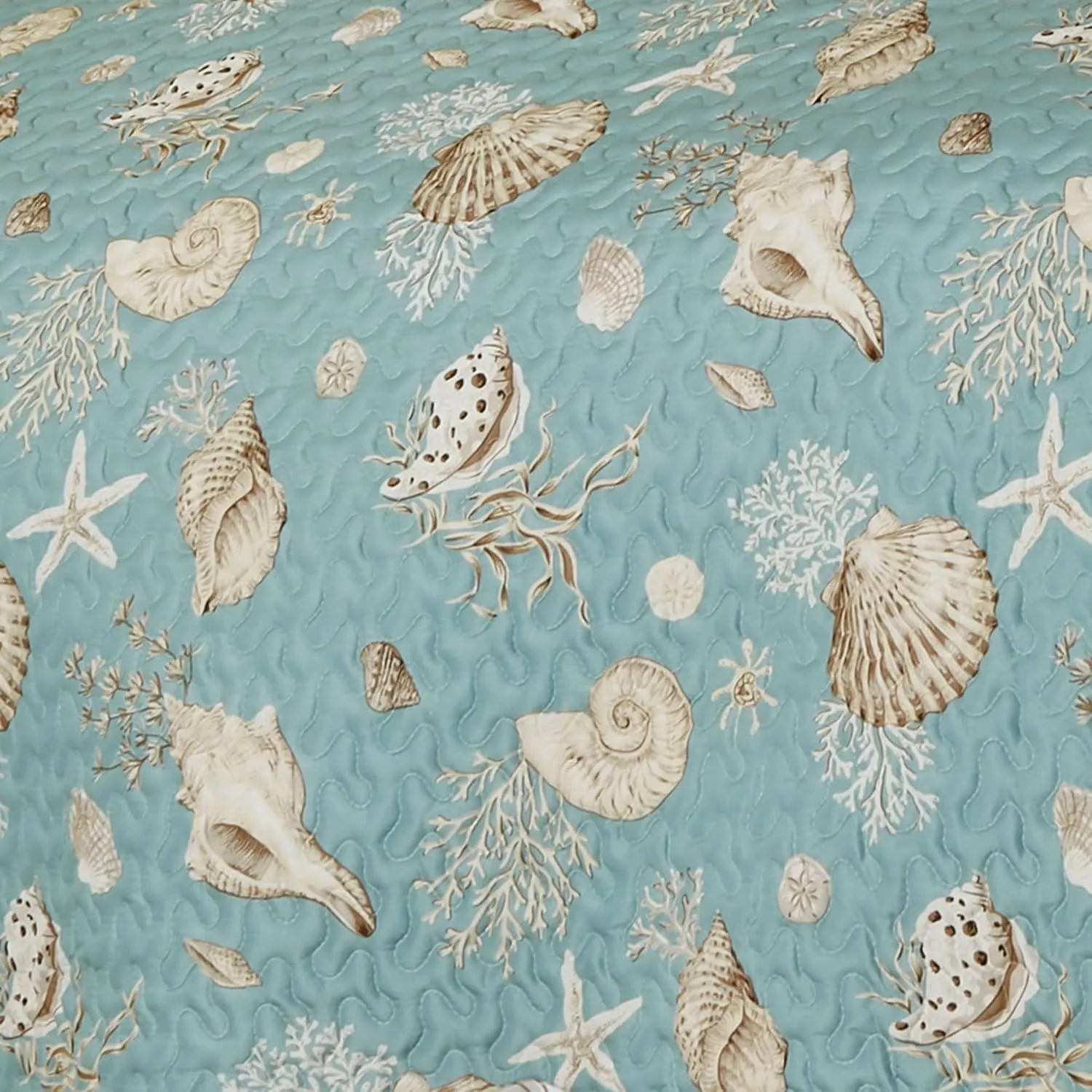 Seabreeze Coastal Beach Polyester Microfiber Bedding | All Season Quilted | Shell Starfish Coral Stripe | Aqua Teal Ivory Cream | Machine Washable | 4 Pc Set: King Quilt, 2 King Shams, Bedskirt