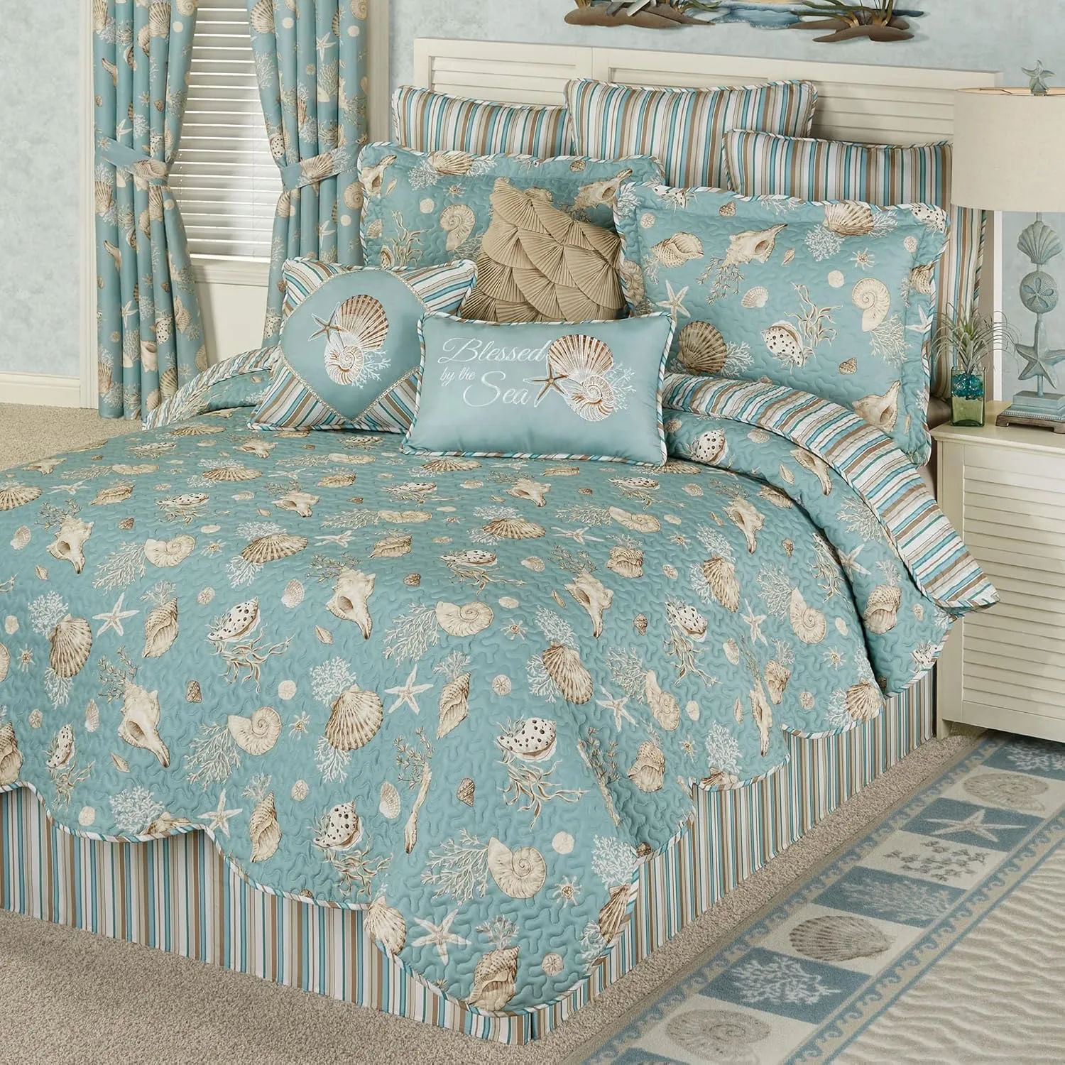 Seabreeze Coastal Beach Polyester Microfiber Bedding | All Season Quilted | Shell Starfish Coral Stripe | Aqua Teal Ivory Cream | Machine Washable | 4 Pc Set: King Quilt, 2 King Shams, Bedskirt