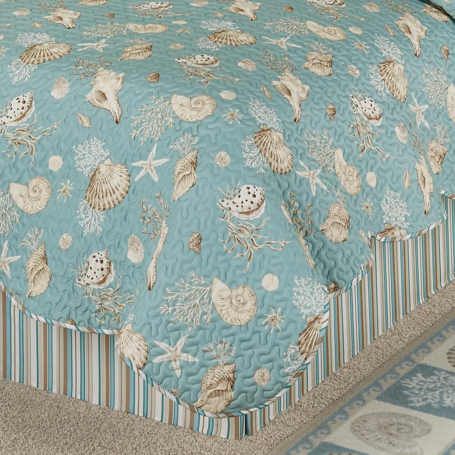 Seabreeze Coastal Beach Polyester Microfiber Bedding | All Season Quilted | Shell Starfish Coral Stripe | Aqua Teal Ivory Cream | Machine Washable | 4 Pc Set: King Quilt, 2 King Shams, Bedskirt