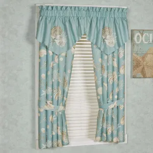 Seabreeze Coastal Ocean Beach Polyester Microfiber Lined Window Treatment | Shell Starfish Coral Stripe | Aqua Teal Ivory Cream | 4 Pc Set: 2 Ascot Valances, 63L Curtain Pair | Panels Drapery
