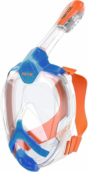 SEAC Unica   Bag, Full Face Snorkeling Mask 180° GoPro Compatible Snorkel Mask- Panoramic Full Face with Anti-Fog Anti-Leak Snorkeling Design, Adults, Blue/Orange, l-XL (1700001001162A)