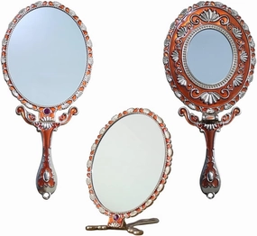 SEHAMANO Vintage Colorful Hand Mirror, Double Sided 1X/2X Magnifying Foldable Makeup Metal Mirror for Handheld, Table, Desk and Travel (RED)