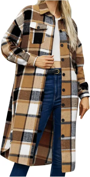 Shackets for Women 2023 with Pockets Long Sleeve Button Up Open Front Plaid Cardigan Tops Loose Fit Casual Fashion Outerwear