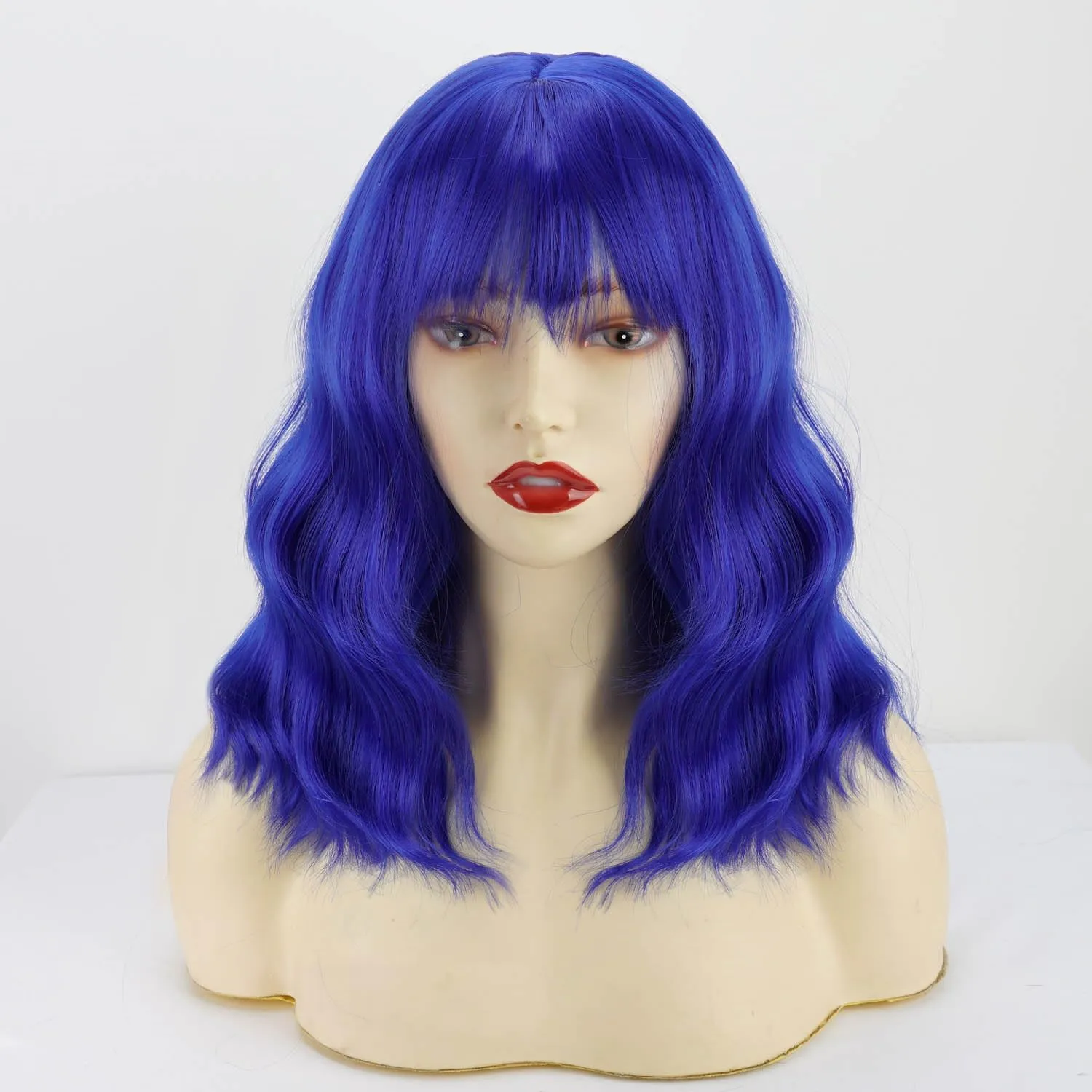 Short Bob Wavy Wig with Bangs for Women Blue Color Wigs for Women Loose Curly Shoulder Length Bob Curly Women's Charming Synthetic Wigs Style Synthetic Fiber Wig (Blue 12 Inch)