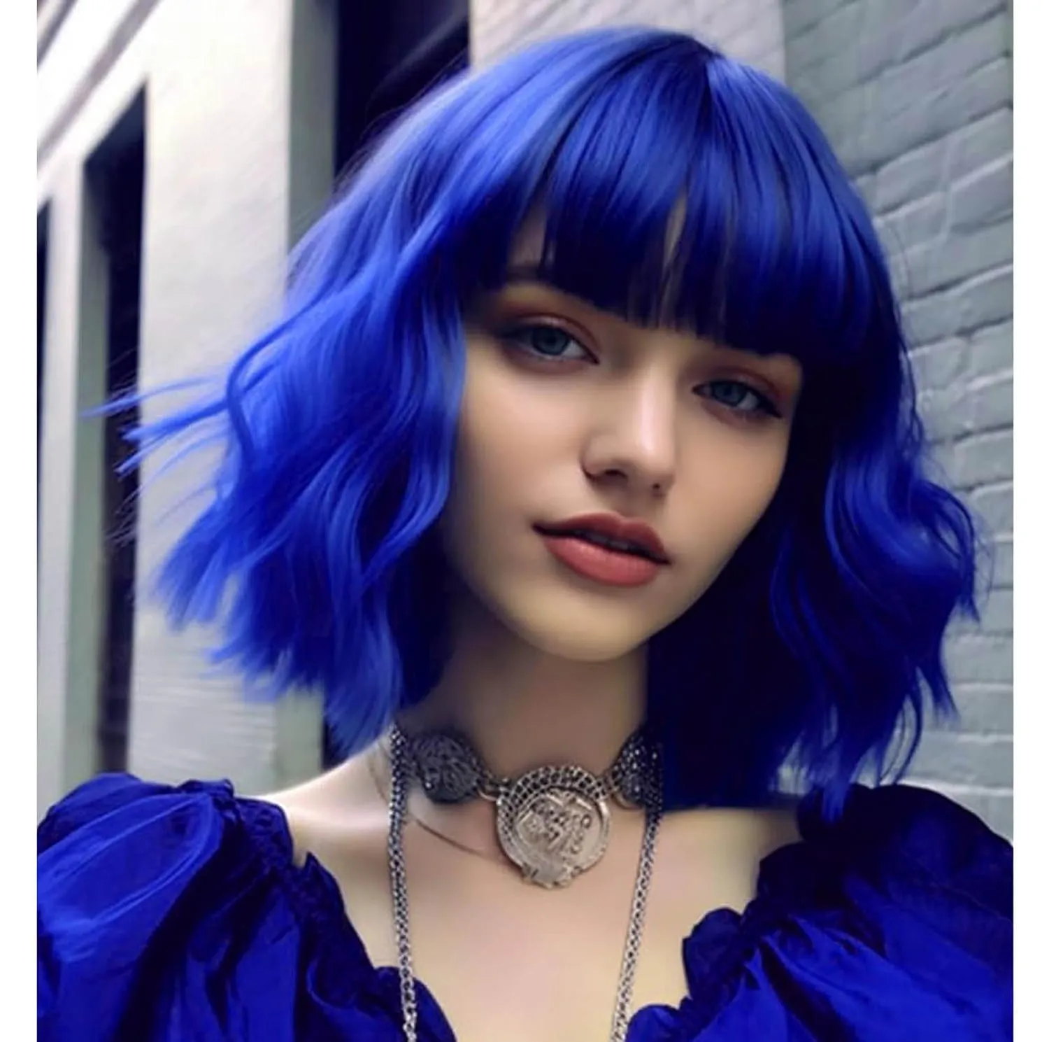 Short Bob Wavy Wig with Bangs for Women Blue Color Wigs for Women Loose Curly Shoulder Length Bob Curly Women's Charming Synthetic Wigs Style Synthetic Fiber Wig (Blue 12 Inch)