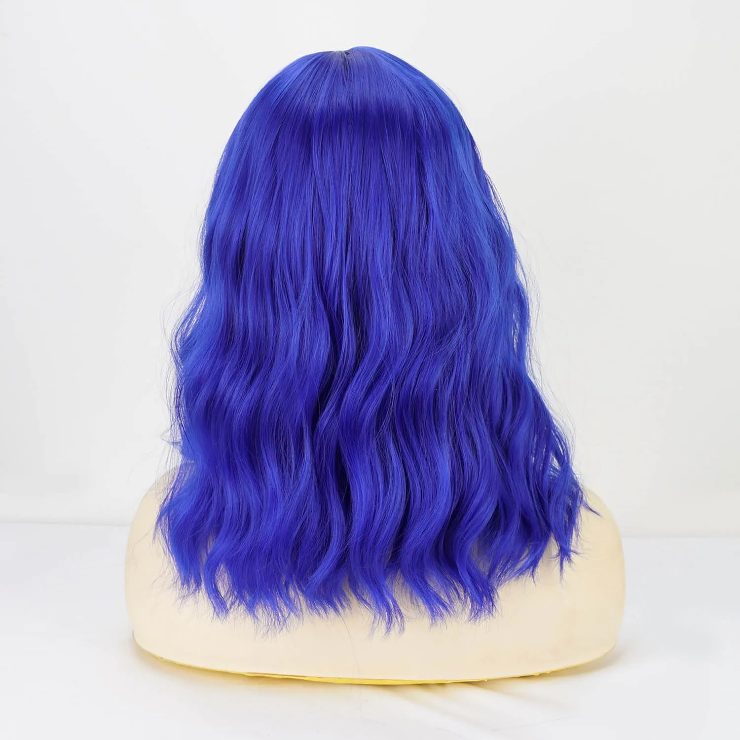 Short Bob Wavy Wig with Bangs for Women Blue Color Wigs for Women Loose Curly Shoulder Length Bob Curly Women's Charming Synthetic Wigs Style Synthetic Fiber Wig (Blue 12 Inch)