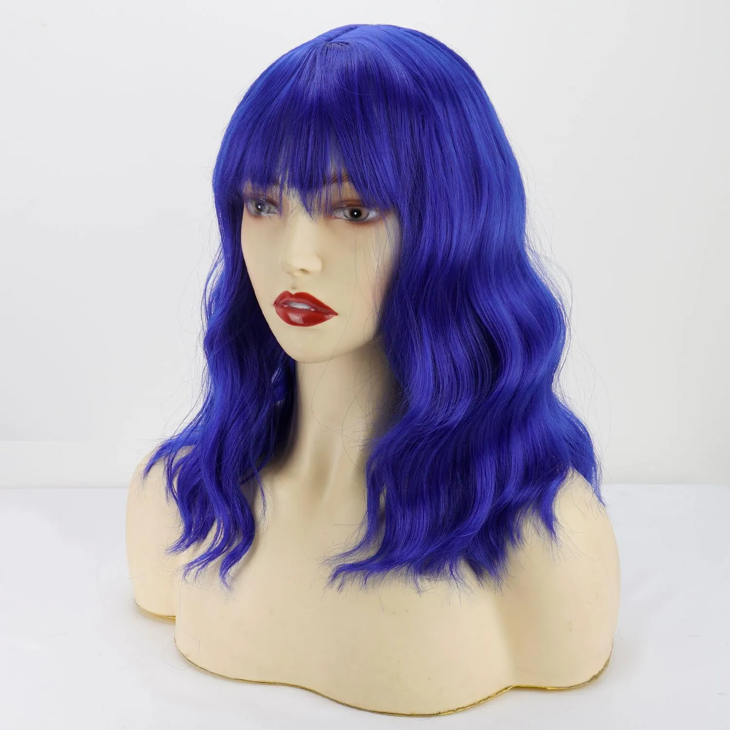 Short Bob Wavy Wig with Bangs for Women Blue Color Wigs for Women Loose Curly Shoulder Length Bob Curly Women's Charming Synthetic Wigs Style Synthetic Fiber Wig (Blue 12 Inch)
