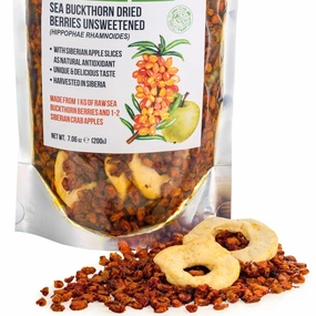 Siberian Sea Buckthorn Dried Berries 7.06 oz (200 g) Unsweetened 100% Raw Natural Wild Harvested Hippophae Fruit, Apple as Antioxidant Additives, High Omega-7, Sports Bars, Yogurt, Smoothie, Snacks
