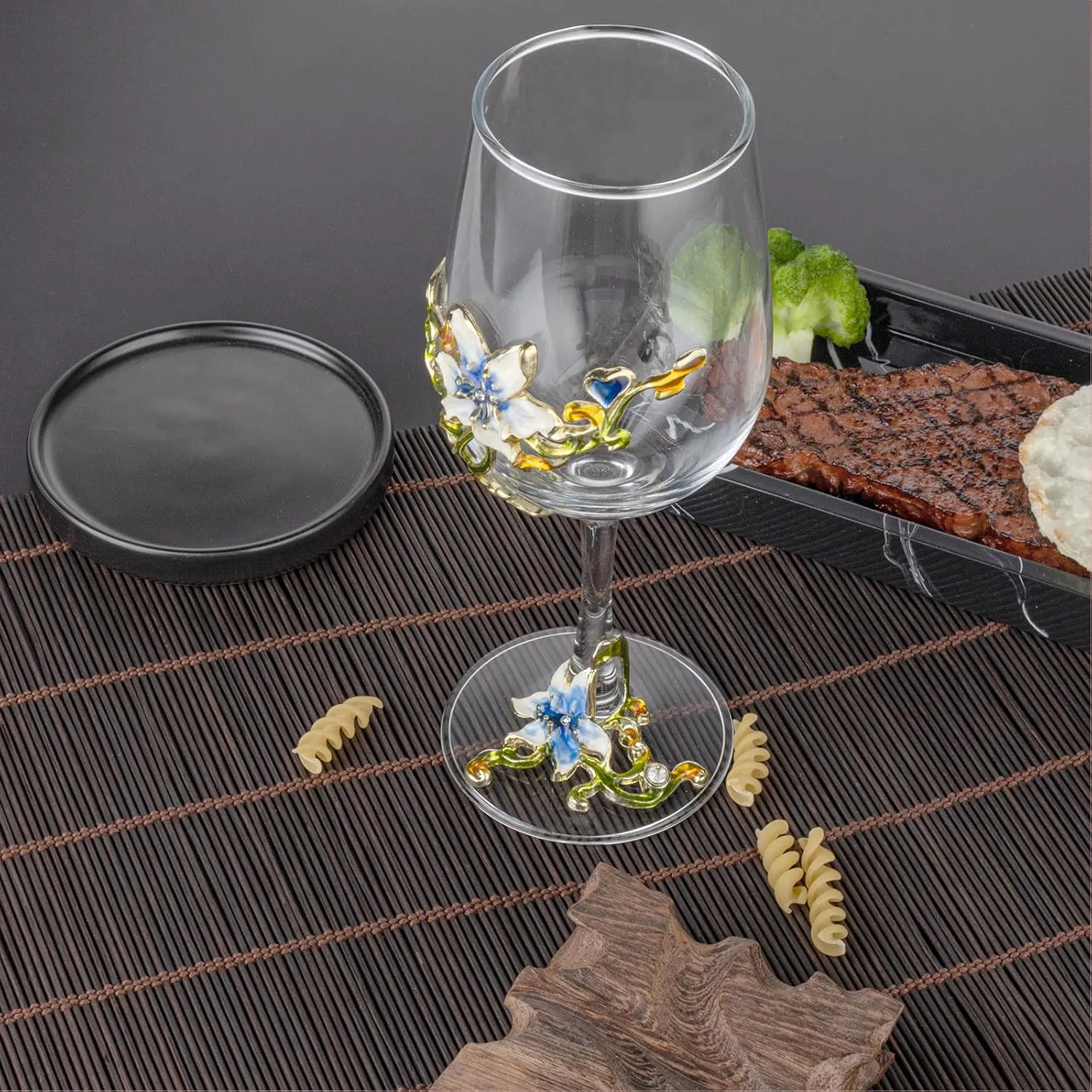 Simcat Handmade Painted Enamel Flower Glass Wine Glasses Transparent Refined Goblet, Stem For Cabernet, Gifts (Blue double gift box,2 Gift Box)
